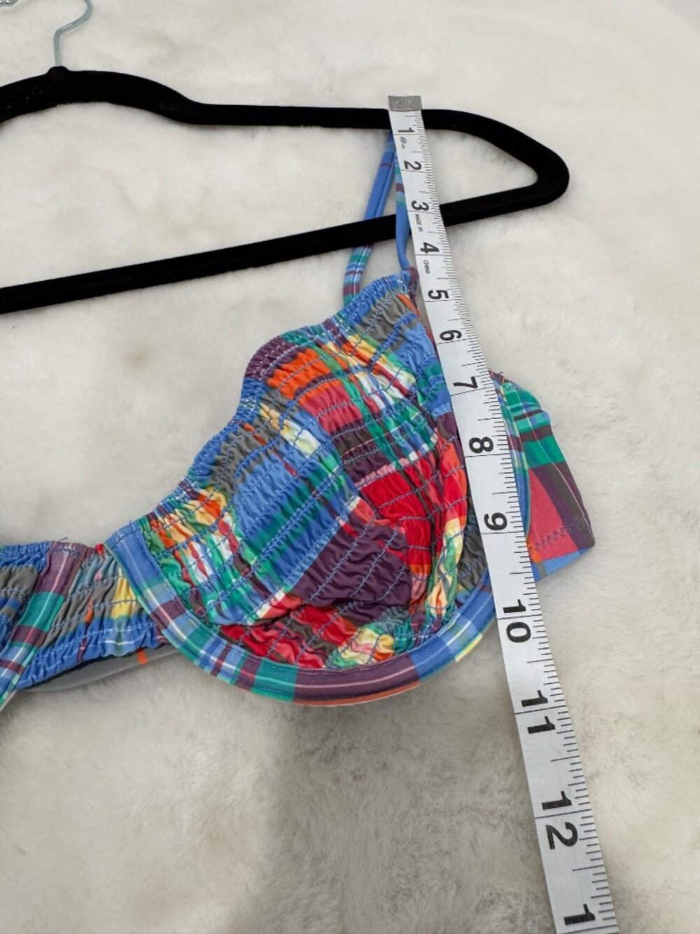 New Polo Ralph Lauren Women's Size M Blue Smocked Madras Balconette Swim Top - Picture 5 of 13